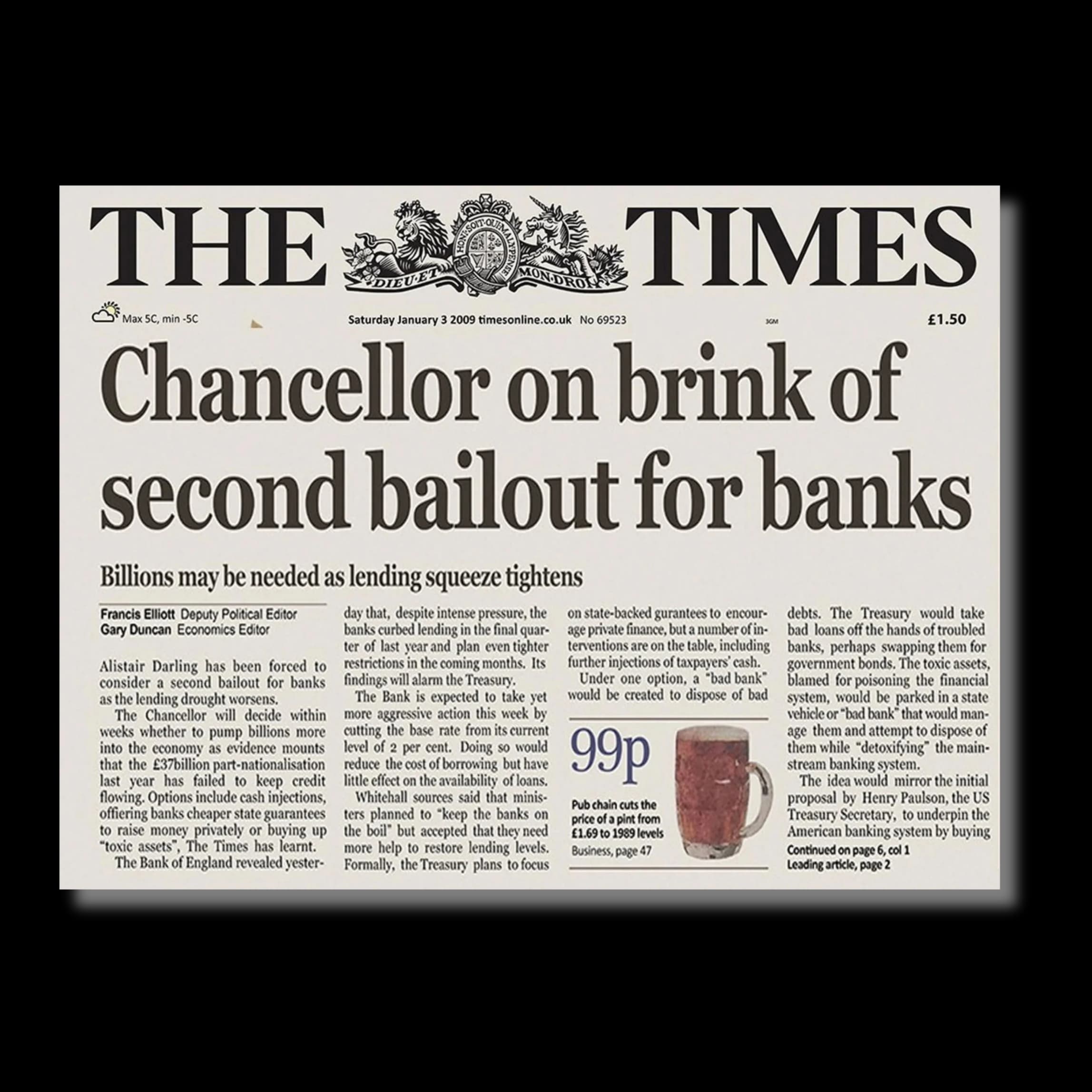 Newspaper front page of 'The Times' with a headline about a bailout for banks.