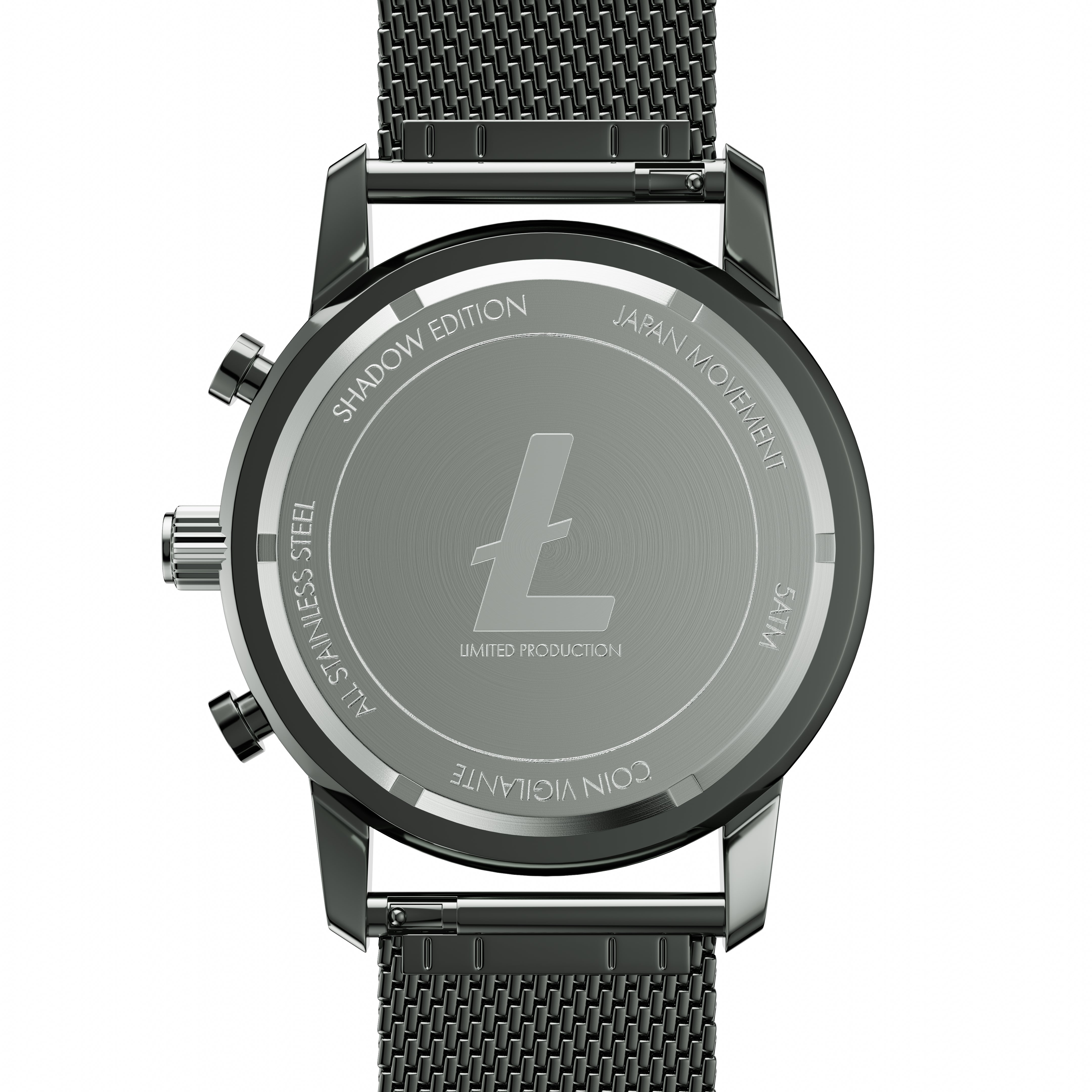 Back case of Coin Vigilante's Shadow Edition Litecoin Watch