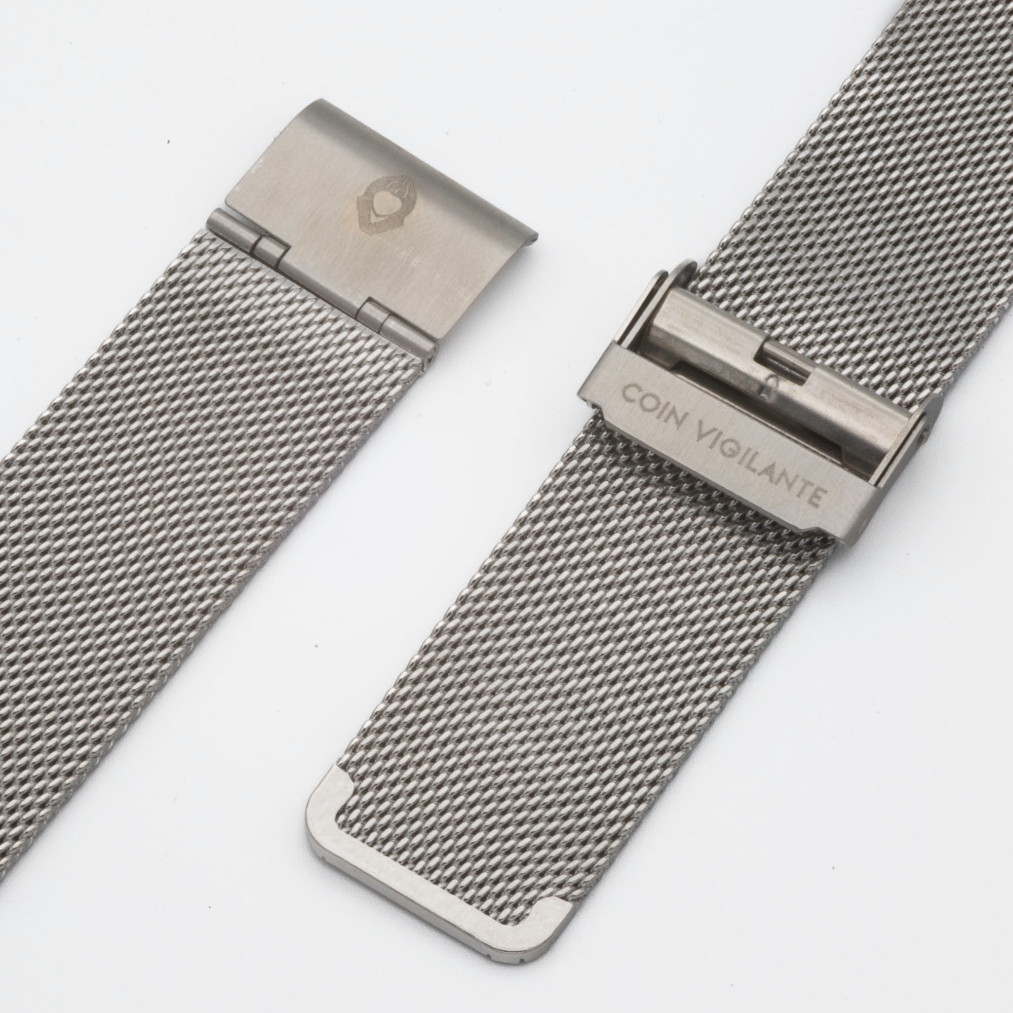 Detailed view of the silver finish on the Coin Vigilante Stainless Steel Mesh Band