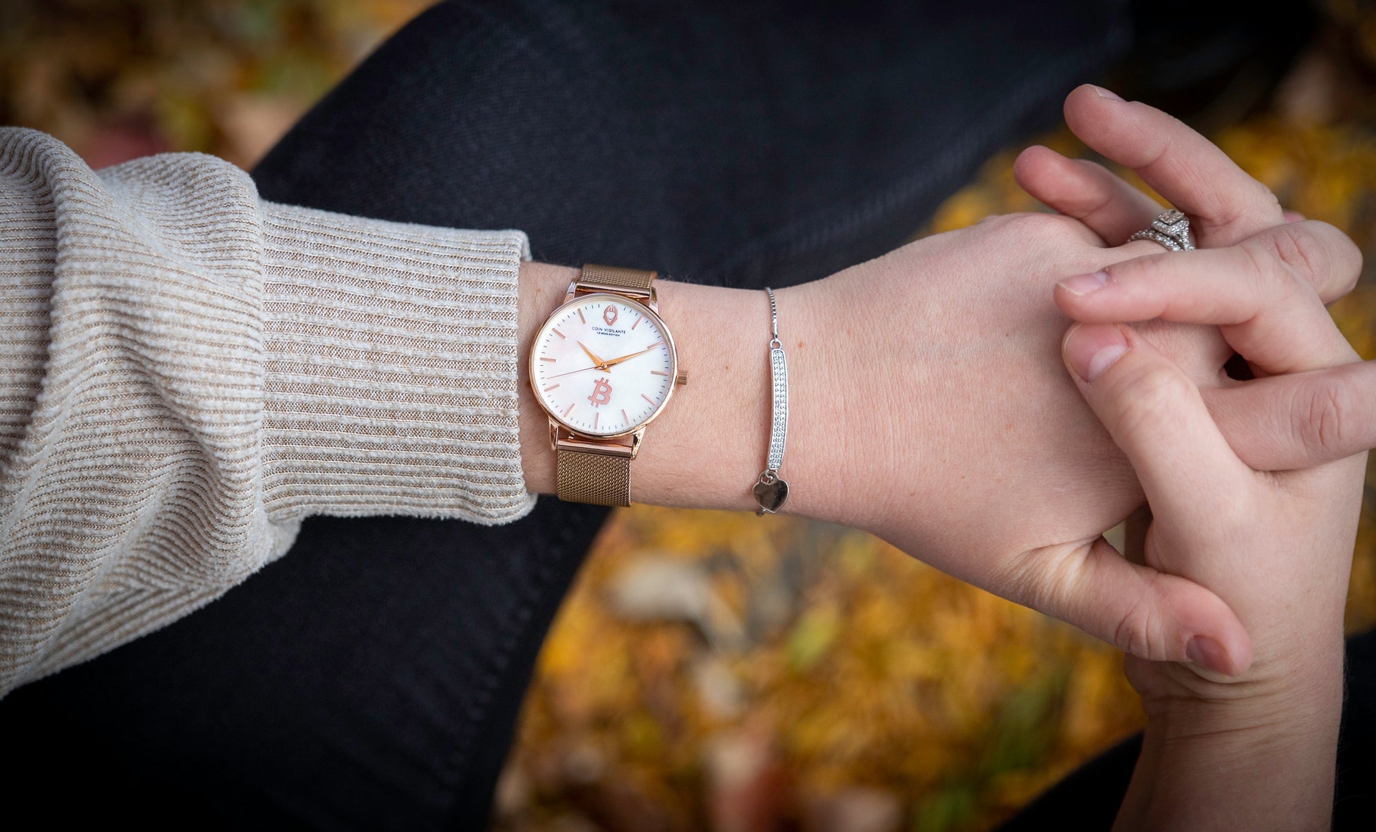 Elegant Coin Vigilante Women's Rose Gold Bitcoin Watch with Mother of Pearl dial