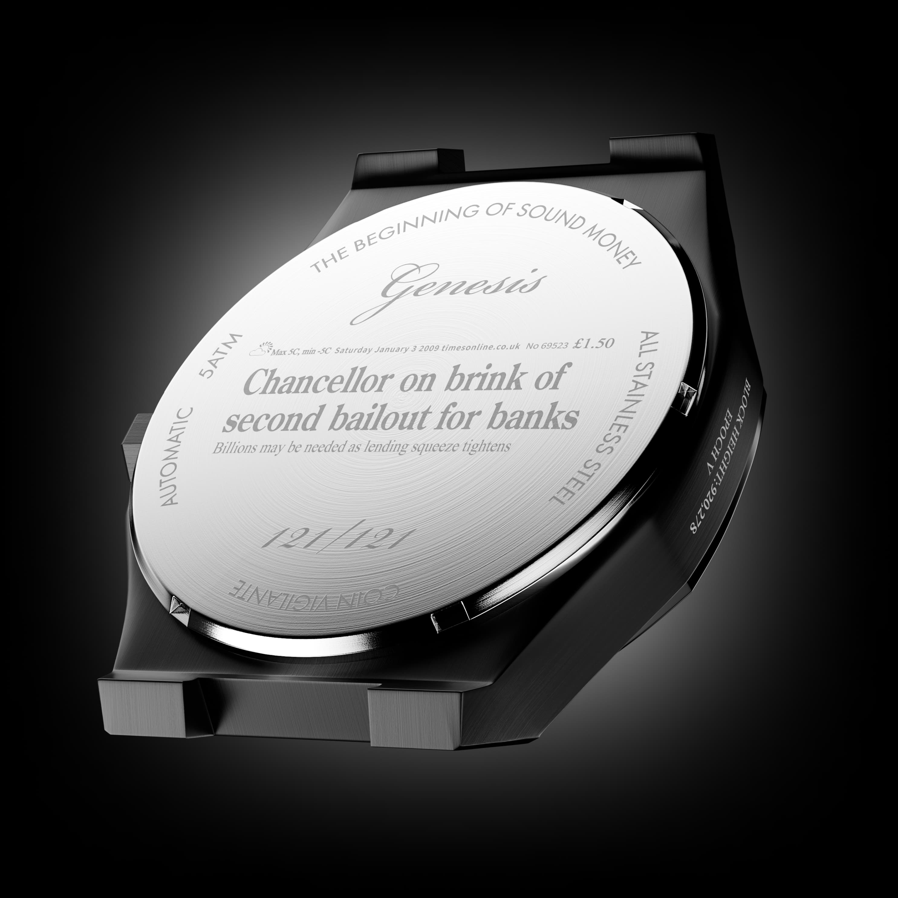 Close-up of a watch back case with text on a black background