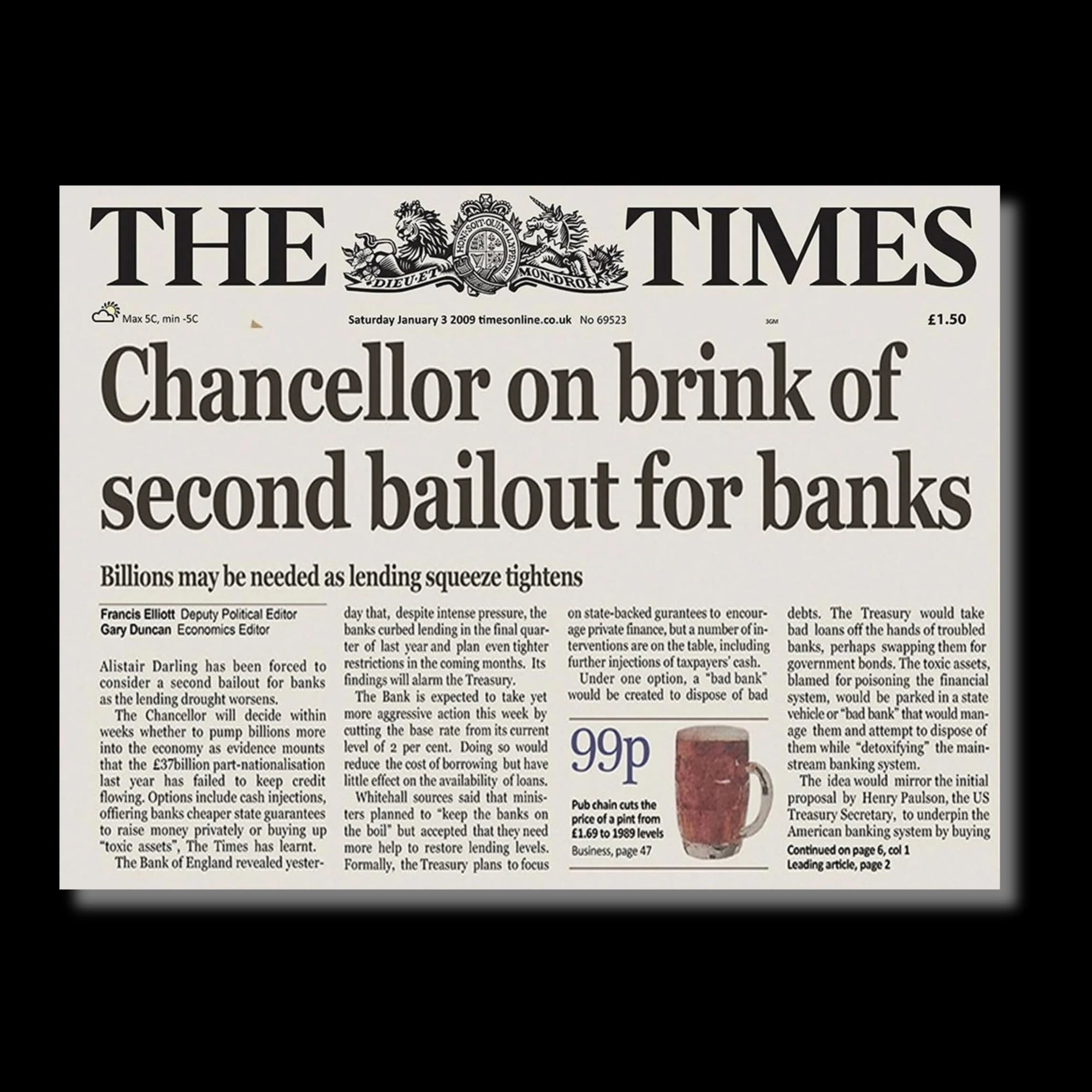 Newspaper front page of 'The Times' with a headline about a bailout for banks.