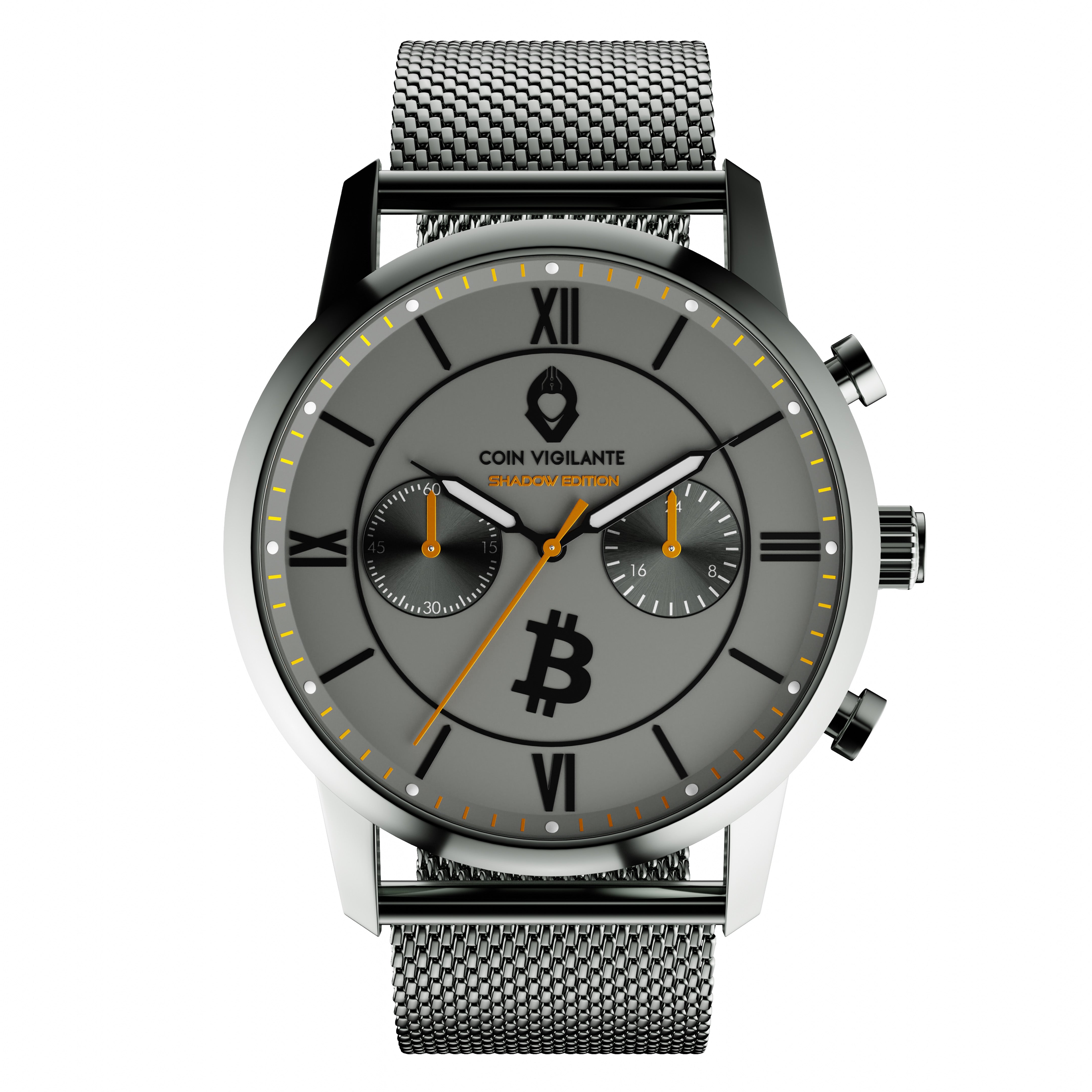 Close-up view of the Shadow Edition Bitcoin Watch by Coin Vigilante with gunmetal mesh strap