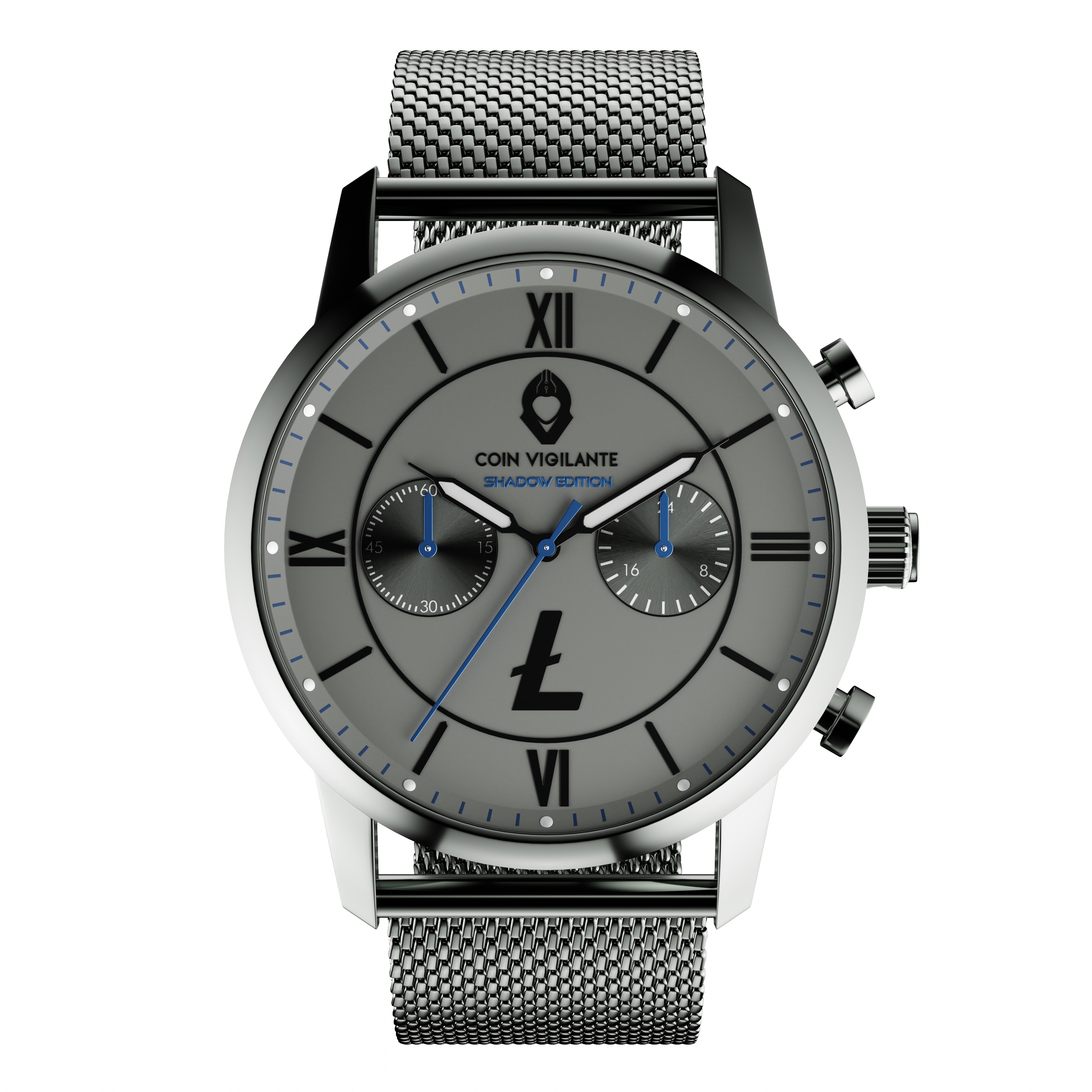 Coin Vigilante's Shadow Edition Litecoin Watch - elegant timepiece with gunmetal case and blue accents.