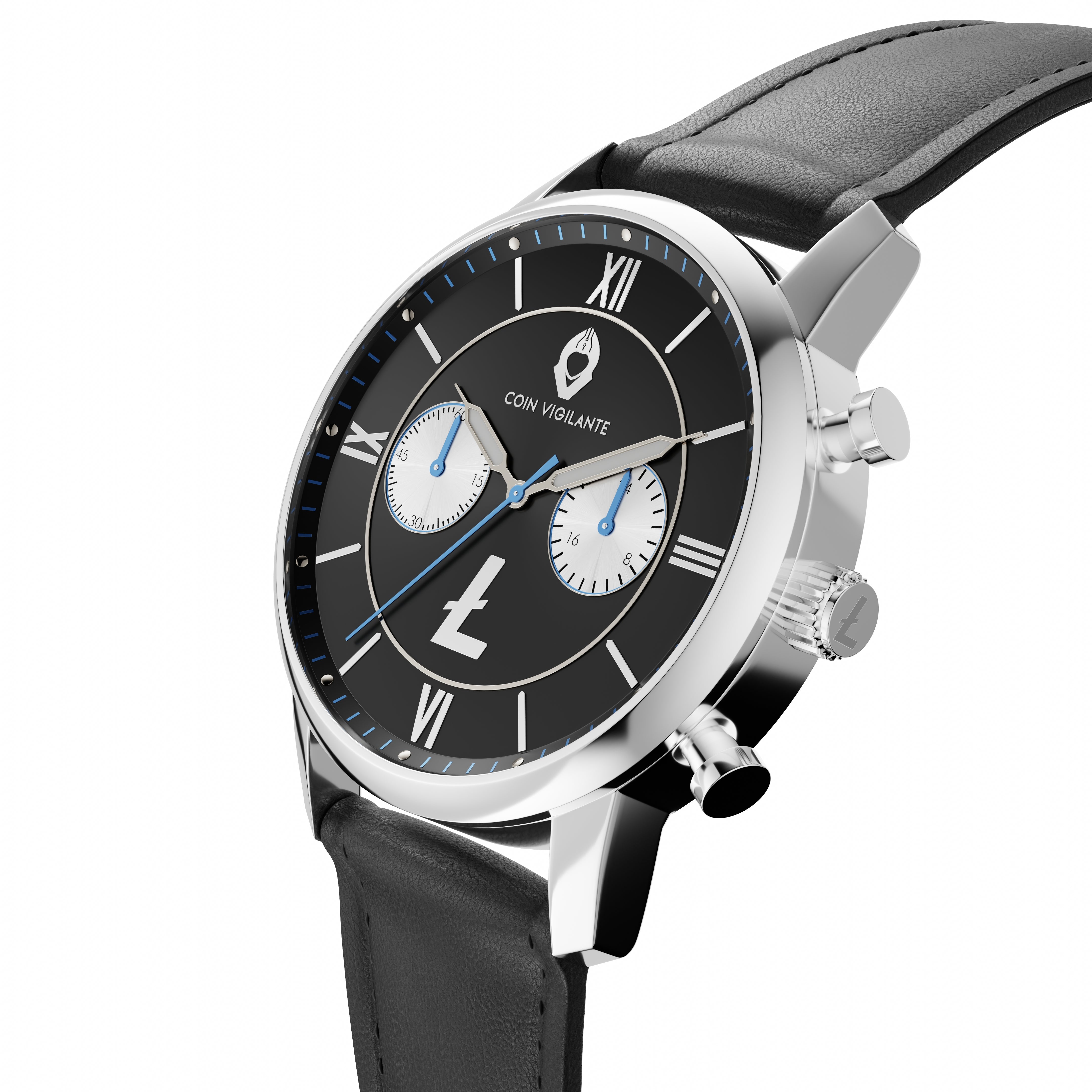 Side view of the Litecoin Watch - Model E featuring a black leather strap