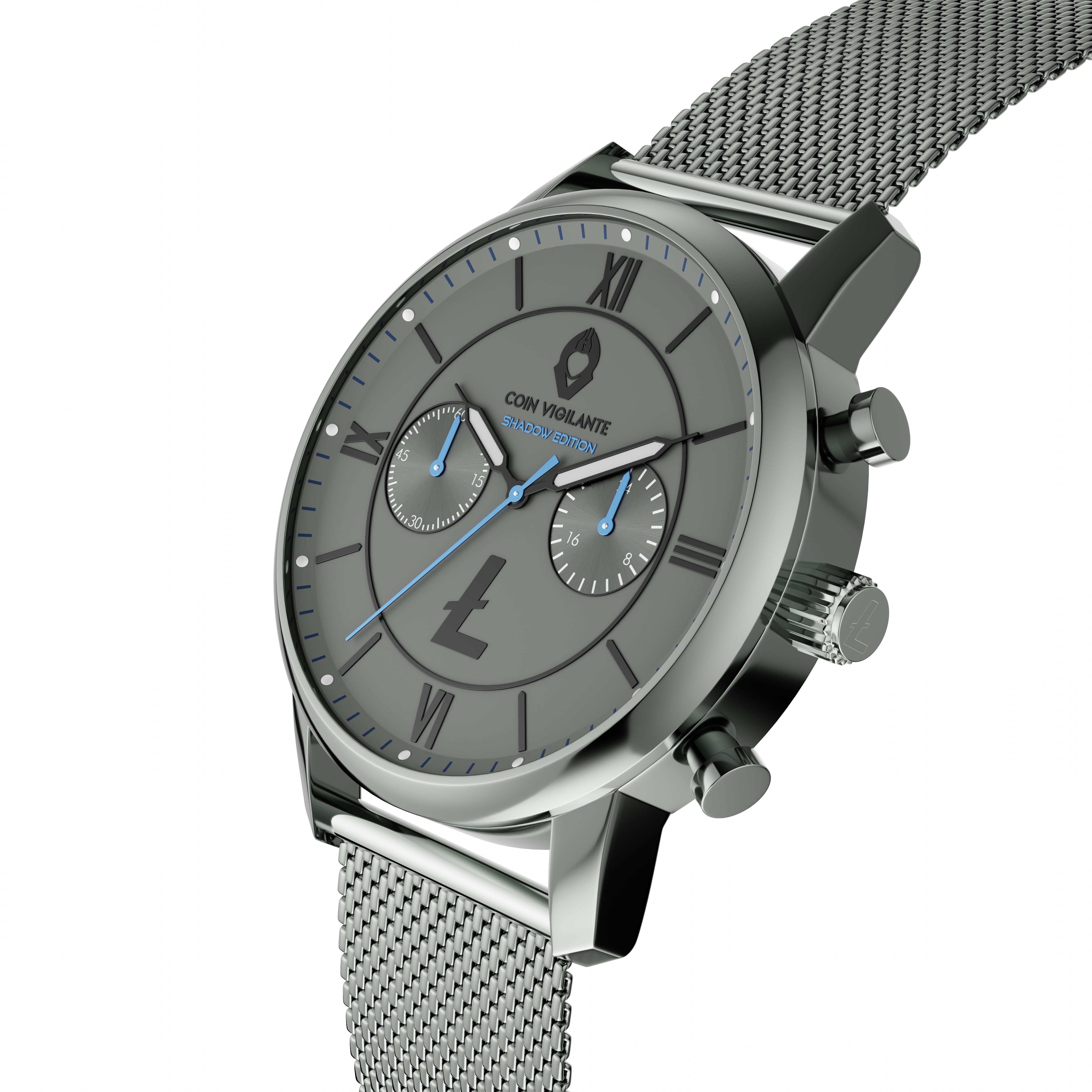 Durable sapphire glass, scratch-resistant, featured in Coin Vigilante's Shadow Edition Litecoin Watch