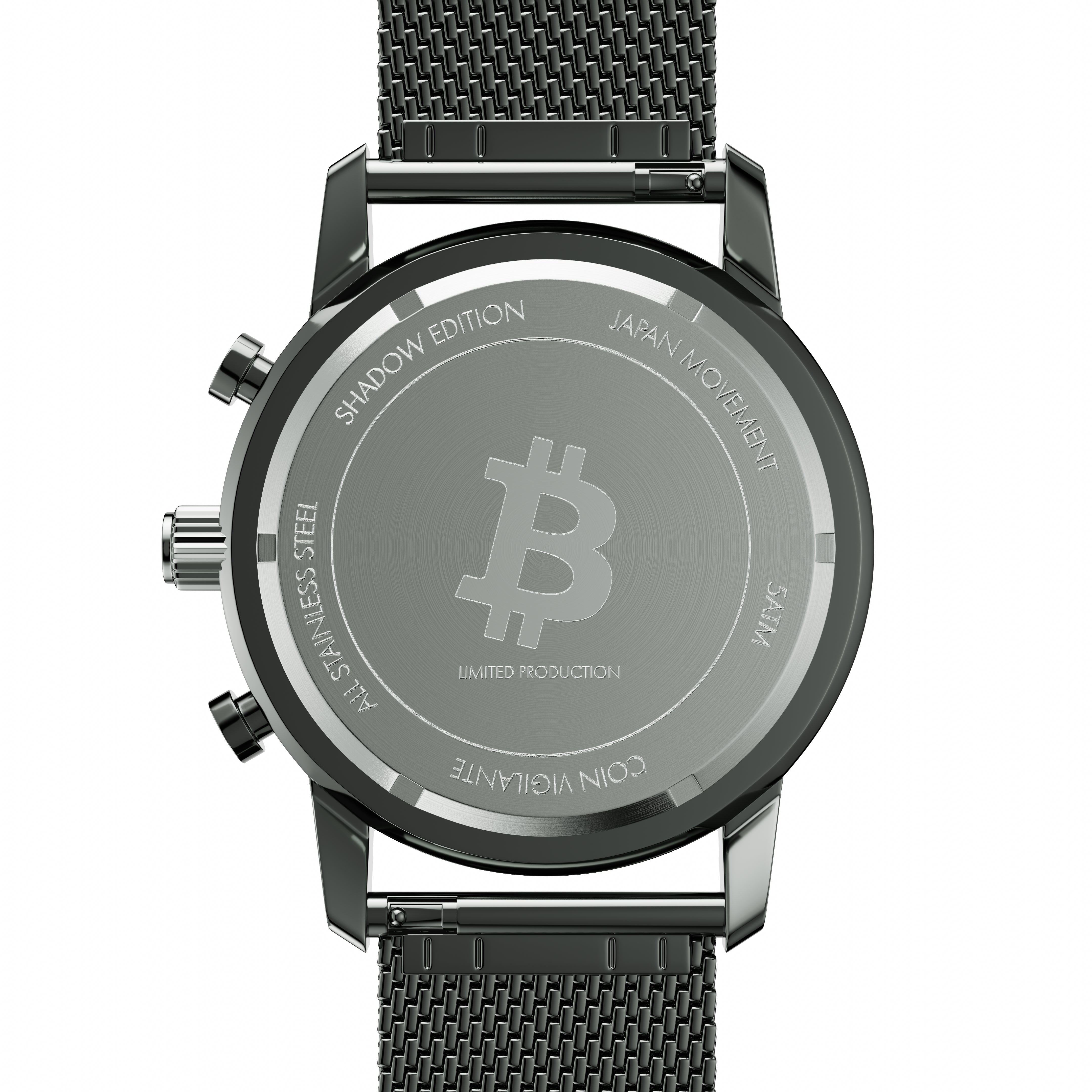 An image showing the 41mm back case of the Shadow Edition Bitcoin Watch by Coin Vigilante