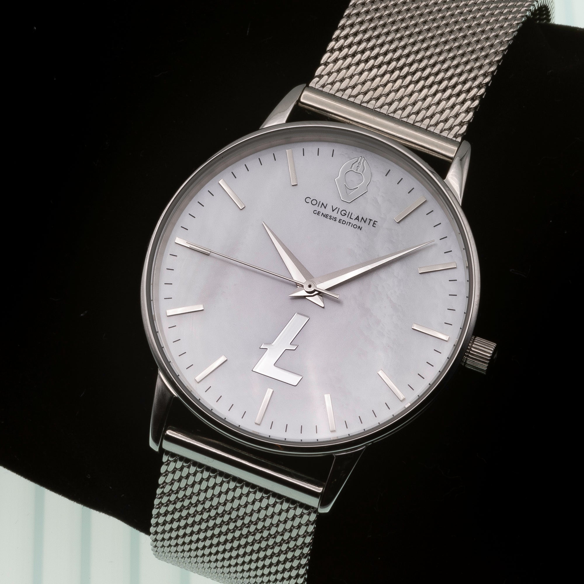 Close-up of Mother of Pearl Dial on Genesis Silver Litecoin Watch for Women by Coin Vigilante