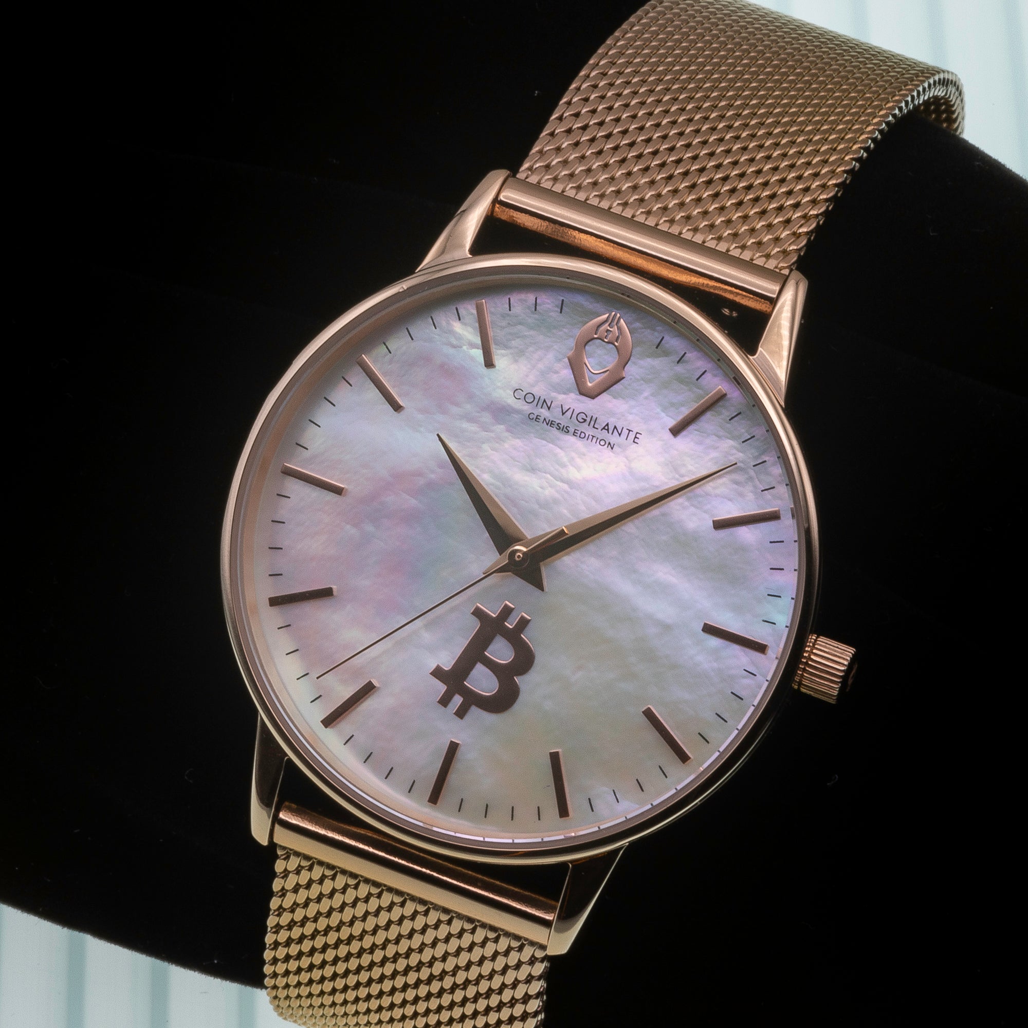 Close-up of mother of pearl dial on Genesis Edition watch