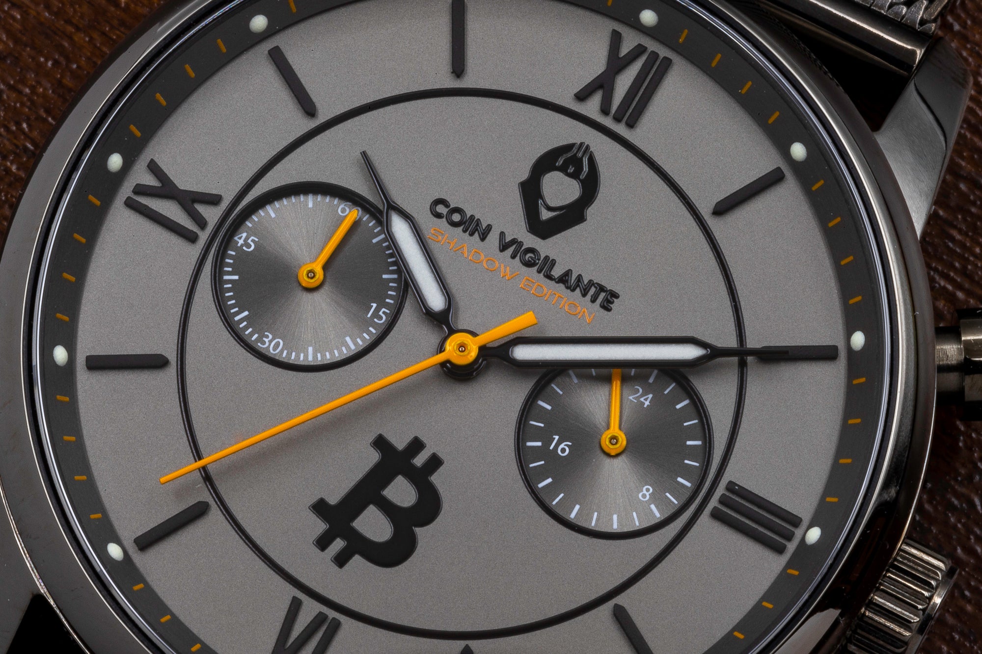 Zoom in of the limited edition Shadow Edition Bitcoin Watch by Coin Vigilante