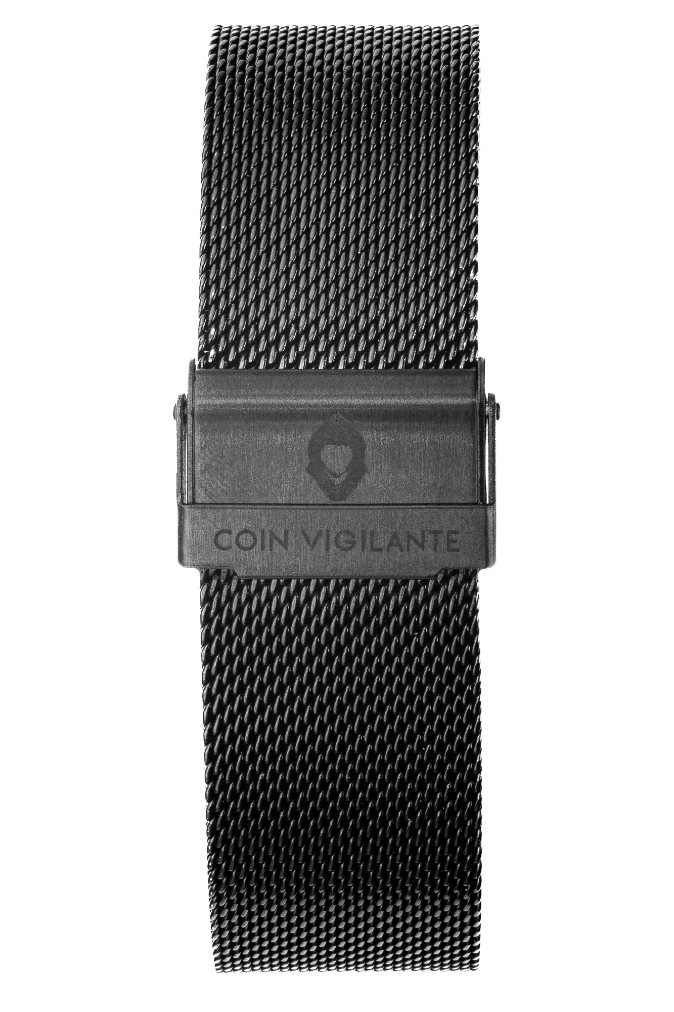 Close-up of Coin Vigilante logo engraved on foldover clasp