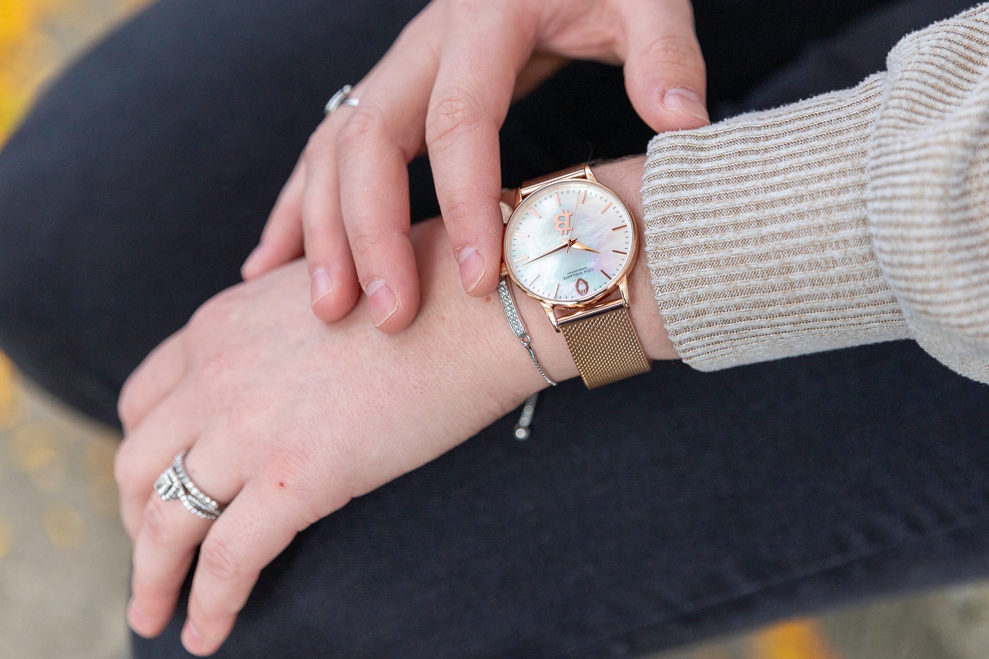 Unique iridescent mother of pearl dial of the Genesis Edition Rose Gold watch