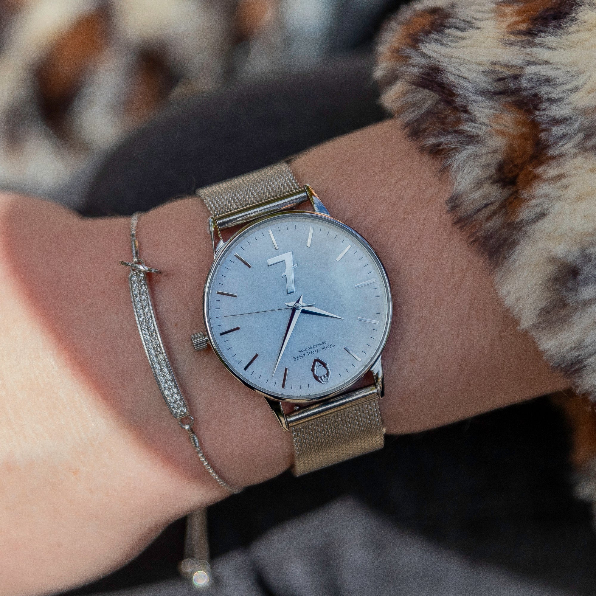 Coin Vigilante Genesis Silver Litecoin Watch for Women on lady's wrist