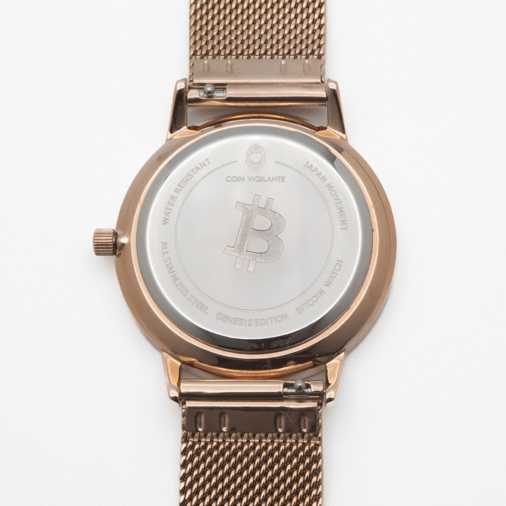 Close-up of the 316L Stainless Steel case of the Genesis Edition Rose Gold Watch